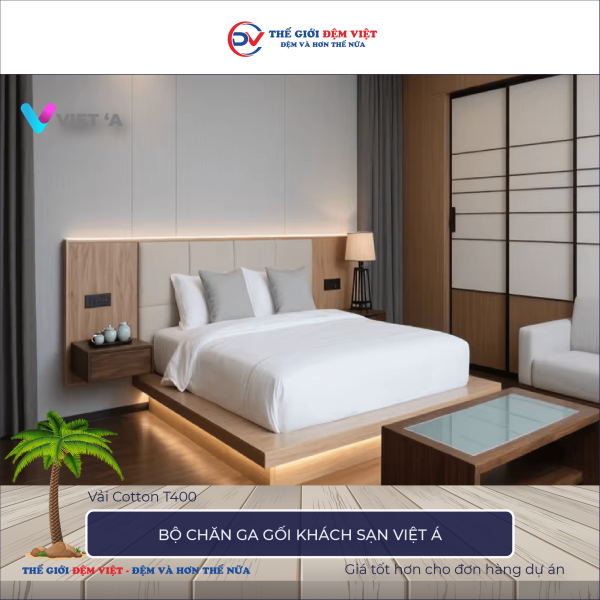 Bộ chăn ga gối khách sạn Việt Á vải Cotton T400 9-2